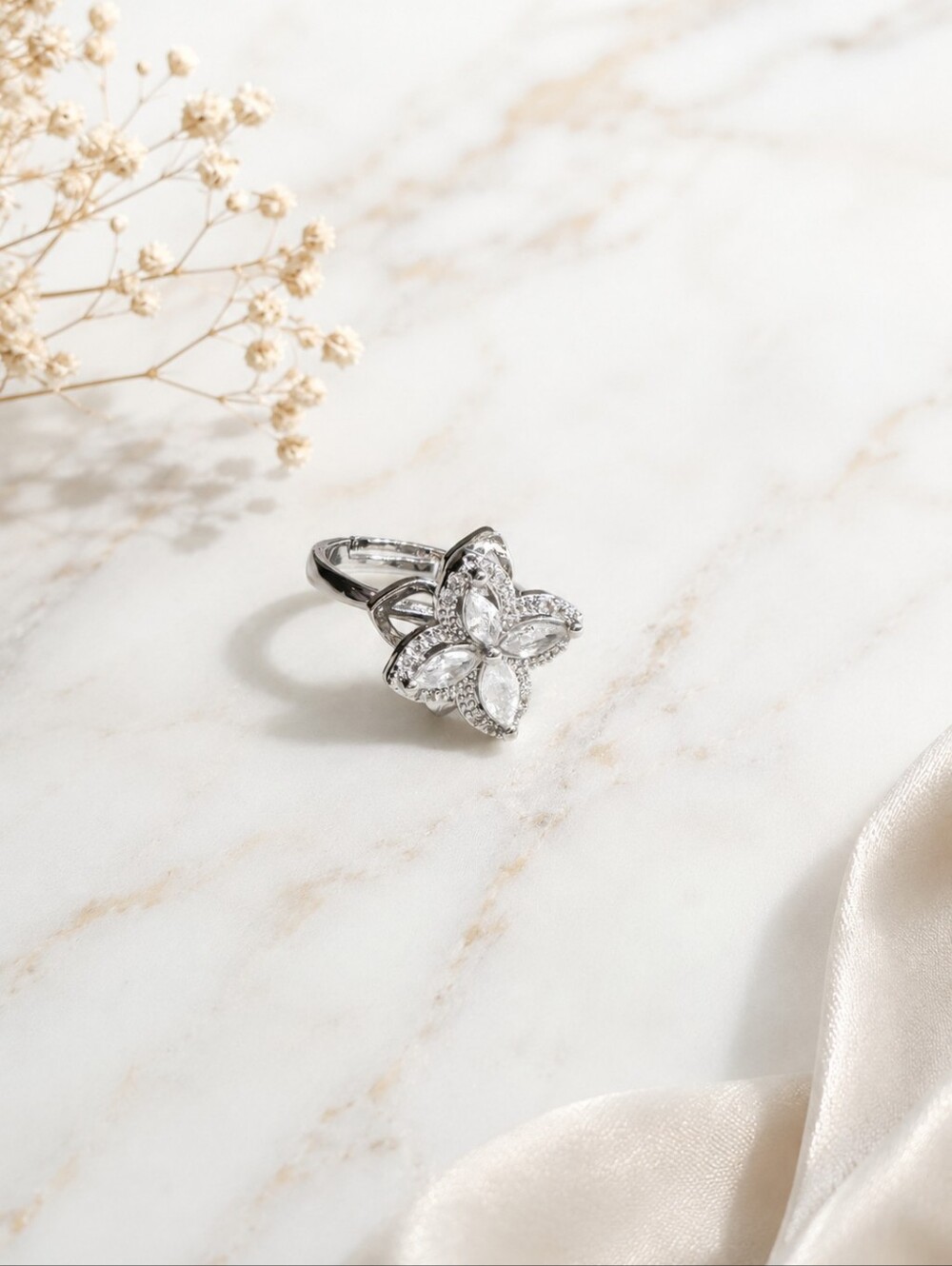 Rotating Anxiety Ring Adjustable Clover Zircon Silver Spinner Statement Ring